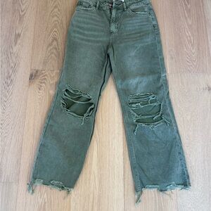 High Rise Distressed Jeans in Olive Green